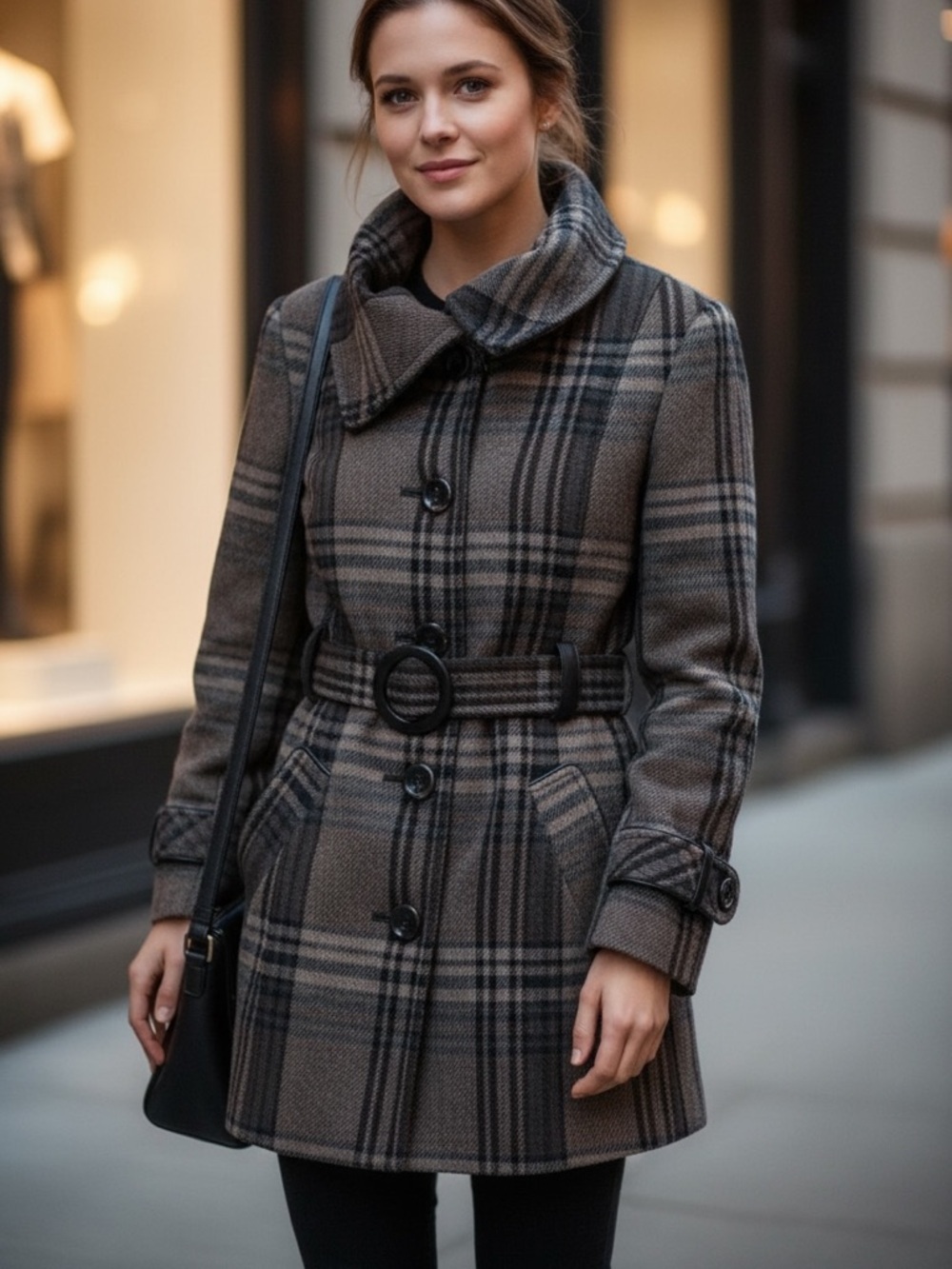 NOVELTI Juniors Brown Plaid Wool Blend Button Coat